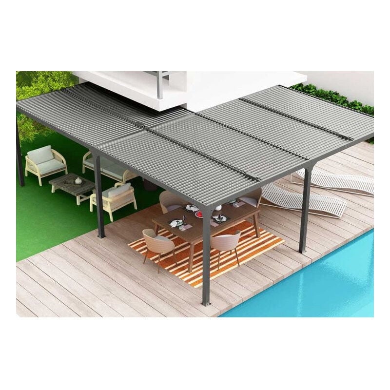 Habrita - Pergola bioclimatique PER6170BI en aluminium xxl 32,63m2 forme en l avec couverture en lames orientables gris anthracite