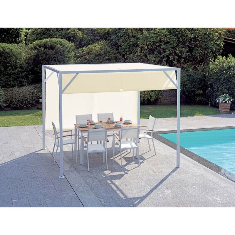 Pergola carrée 3x3 m en métal blanc mat avec toit coulissant et bâche écrue - Vico