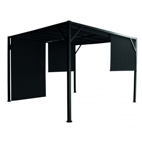 Pérgola cenador de 4 x 3 m de metal pintado de negro con cortinas laterales negras - Tiglio