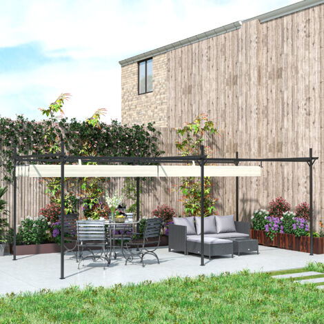 Pérgola con Techo Retráctil 6x3 m Cenador con Tela de Poliéster Anti-UV Resistente al Agua Crema