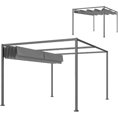 Pergola coulissante rétractable 4x3 m, structure métal époxy anticorrosion, toile polyester 180 g/m² gris foncé