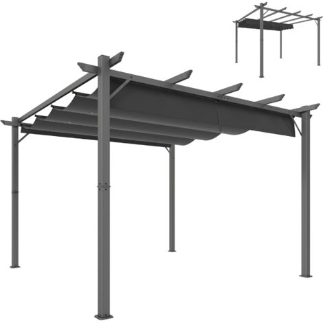 Pergola da giardino 3x3 m con tetto retrattile, protezione UPF30+, drenaggio, struttura in alluminio grigio scuro per patio esterno.