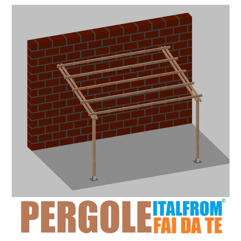 Pergola da Giardino Addossata in Legno di Pino Impregnato - mt 3 x 4 x 2,5h - con Supporti a Tassellare