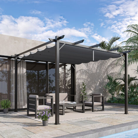 Pérgola de aluminio con techo corredizo 300x300cm estructura gris carbón y techo gris oscuro para terraza jardín