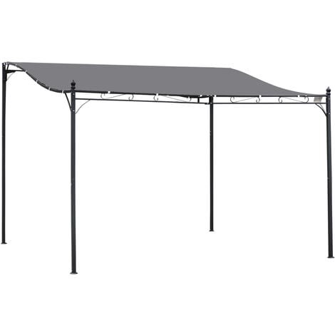 Pérgola de Jardín 4x3 m Cenador Montado en Pared con Toldo y 16 Orificios de Drenaje Marco de Metal y Poliéster 180 g/m² para Patio Terraza