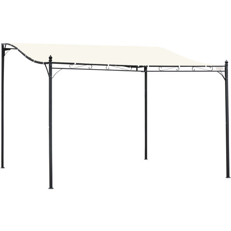 Pérgola de Jardín 4x3 m Cenador Montado en Pared con Toldo y 4 Orificios de Drenaje Marco de Metal y Poliéster 180 g/m² para Patio Terraza