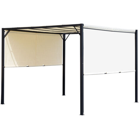 Pergola de jardin avec toit coulissant 3 x 3 m - structure en acier époxy et toile polyester - crème et noir