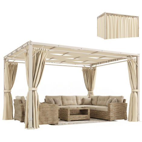 Pérgola de jardín de 3x4 m con protección UPF 50+, cenador con cortinas, estructura de acero para sombra exterior, color beige.