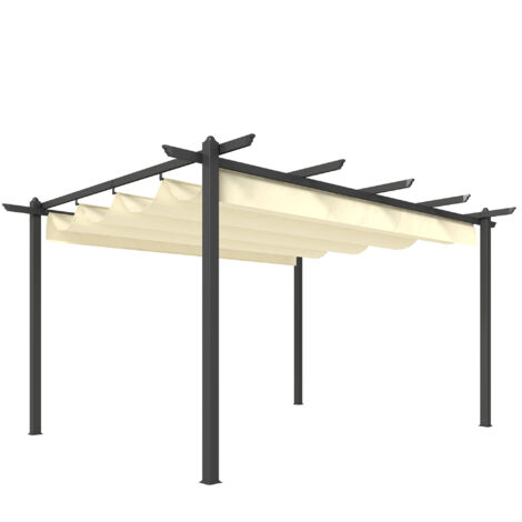 Pérgola de jardín de 4x3 m con estructura de techo de aluminio retráctil, protección UPF30+, orificios de drenaje, color crema.