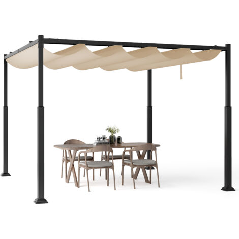 Pergola d'Extérieur 310 x 310 CM avec Auvent Rétractable, Abri Colonnes Métalliques Robustes Pavillon Moderne Pare-Soleil, pour Jardin Patio, Beige