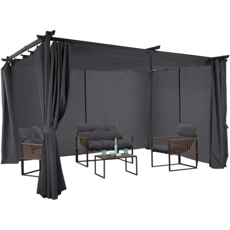 Pergola édition limitée toit rétractable 3x4 M et 4 rideaux gris anthracite