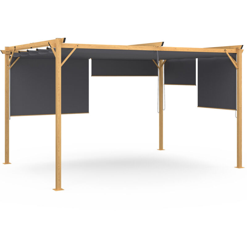 Pergola édition exclusive effet bois toit rétractable 3x4M et 4 stores gris anthracite