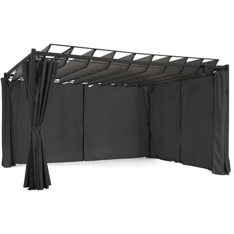 Pergola édition suprem lames orientables 3x4 m et 4 rideaux gris anthracite