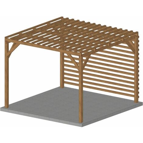 Pergola en bois massif 3x3, classe 3, durable, toiture brise soleil et fond brise vue en persienne, modèle Léon