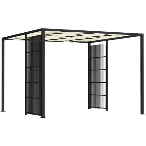 Pergola Gazebo da Giardino 295x295x210 cm Copertura Ondulata e Pannelli Laterali in Metallo Nero