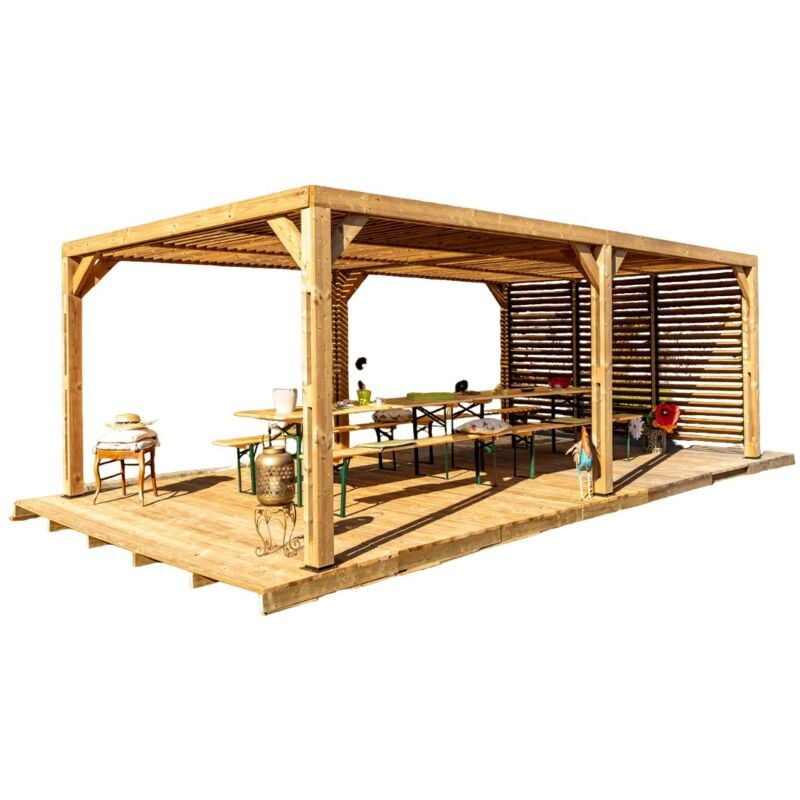 Habrita - Pergola Thermauvent - Bois thermochauffé - Ventelles mobiles sur le toit et 1 paroi - 3,41 x 6,14 m
