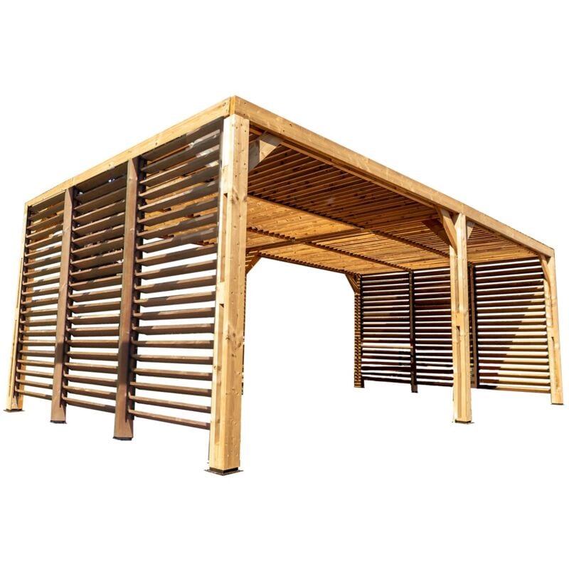 Habrita - Pergola Thermauvent - Bois thermochauffé - Ventelles mobiles sur le toit et 2 parois - 3,41 x 6,14 m