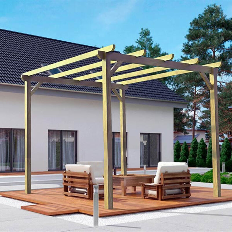 Pergola autoportée bois - Madrid, Dimensions 300 x 300 cm, Ancrage Support de plaque surélevé