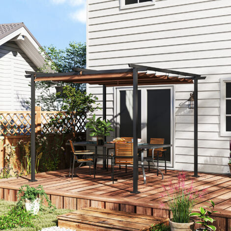 Pergola jardin exterieur 3x3 m toit coulissante rétractable polyester haute densité 180g/m². abri soleil UPF30+. marron