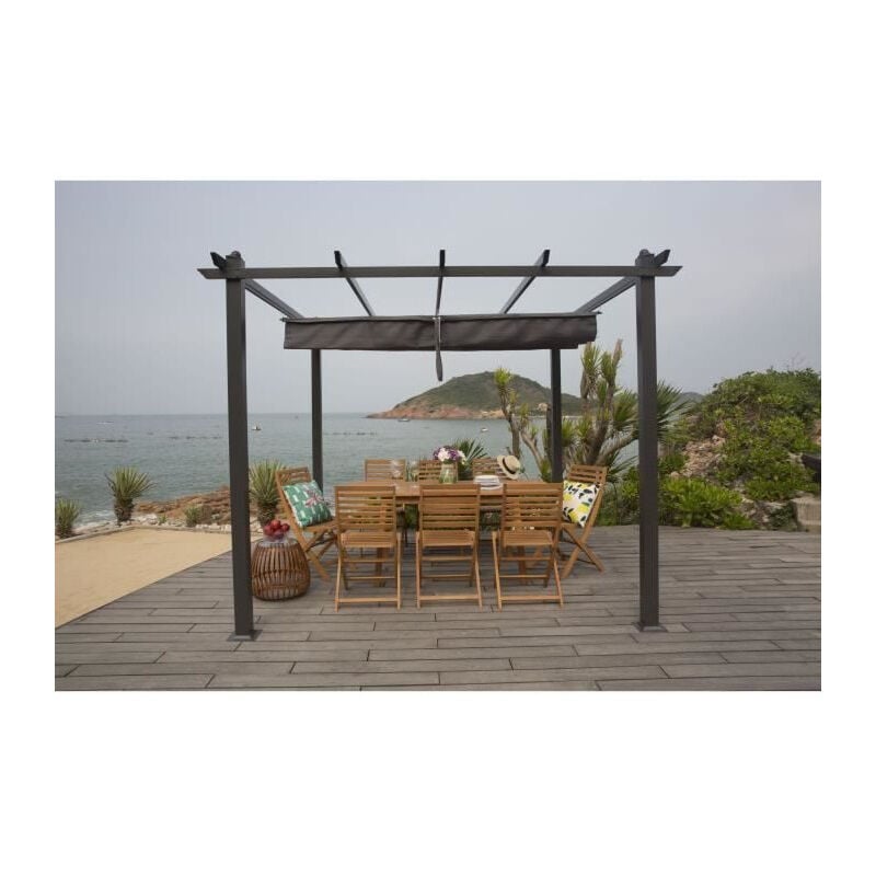 Sans Marque - Pergola kiba avec toit déroulant - Gris - 3 x 3 m