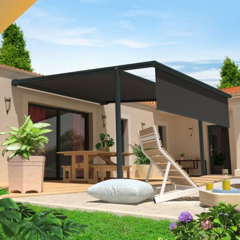Pérgola lona FINISTERRE 4,00x4,00 M Motorizada con mando a distancia + Maniobra manual de emergencia + Cofre LED + Bambalina (Gris antracita estructurado RAL7016ST - Gris grafito)