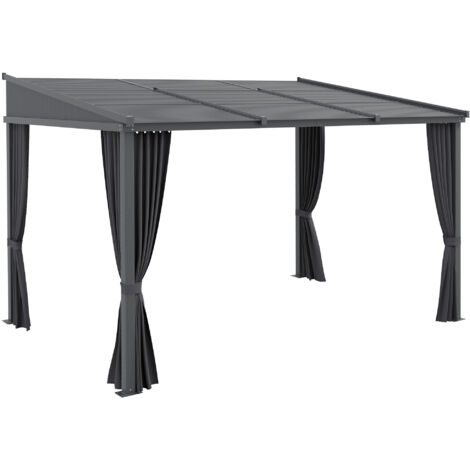 Pergola Outsunny 3,65 x 2,55 m avec toit coulissant et rideaux, abri de terrasse pour jardin et cour, aluminium et métal, gris foncé