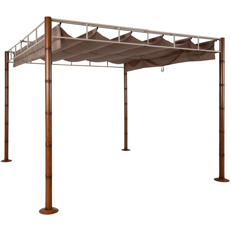 Pergola pavillon de jardin auvent de terrasse stable 7 cm structure métallique 3 x 3m aspect bambou taupe-marron 040008121