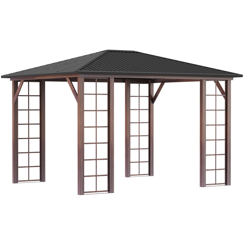 Outsunny - Pergola pavillon de jardin avec toit rigide imperméable - dim. 364L x 299l x 280H cm - métal aspect bois gris foncé