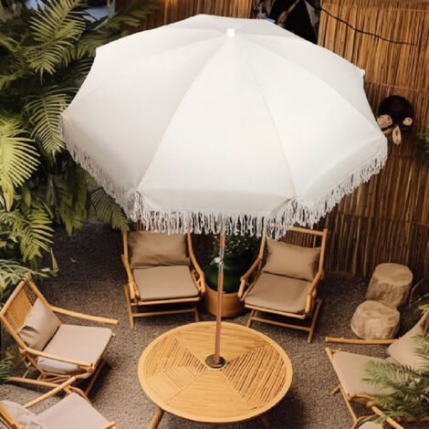 Pergola pour Table Extérieure avec Franges - Parapluie de Jardin Taille Large avec 8 Arêtes en Fibre de Verre et Tige en Bois - Protection UV 99% - Design avec Ancrage et Sac de Transport (215x180cm)