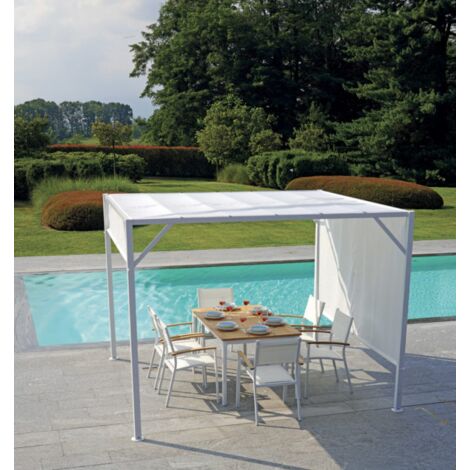 Pergola quadrata 3x3 m  in metallo bianco opaco con tetto scorrevole e telo di copertura ecrù - Vico