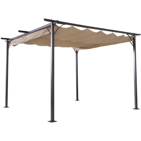 Pergola rétractable 3,5L x 3,5l x 2,30H m structure métal époxy anticorrosion noire + toile polyester haute densité 180 g/m² incluse beige