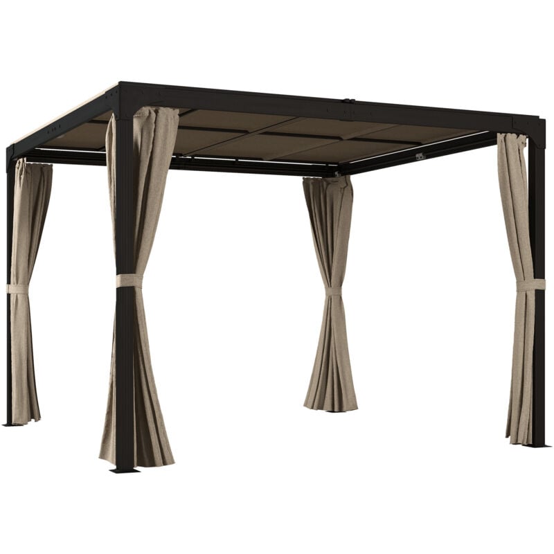 Pergola rétractable double toit et rideaux mia beige et noire