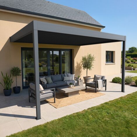 Pergola rétractable HYLIA (Motorisation à télécommande + LED - Gris anthracite RAL 7016)