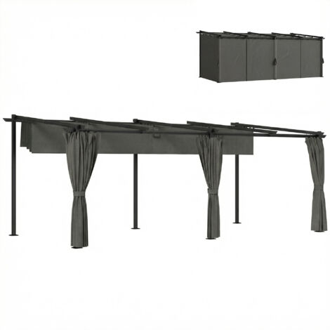 Pergola retrattile con tende laterali, gazebo da giardino in metallo con protezione solare UPF30+, grigio scuro