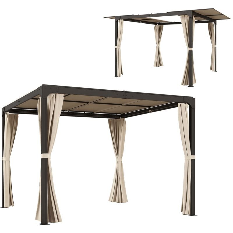 Pergola rétractable dim. 2,95L x 2,95l x 2,20H m double toit coulissant 4 rideaux alu. acier noir polyester beige
