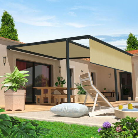 Pergola Tela PYRITE 4,00x3,00 M Motorizzata a Telecomando + Manovra di Emergenza + Cofano LED + Mantovana (Grigio antracite strutturato RAL7016ST - Beige chiaro 250gr/m²)
