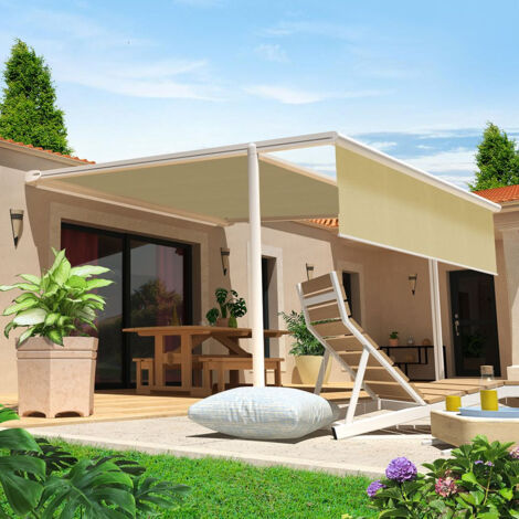 Pergola Tela PYRITE 4,00x4,00 M - Motorizzata a Telecomando + Manovra di Emergenza + Cofano LED + Mantovana (Bianco satinato RAL9010 - Beige chiaro 250gr/m²)
