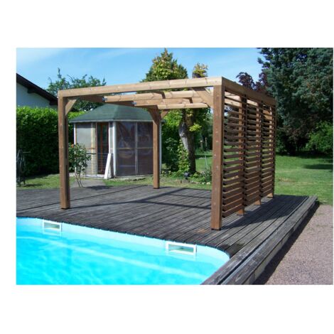 Pérgola térmica con marquesina de madera termocalentada de lamas móviles a pared 10,67 m² - tho3531v - habrita -