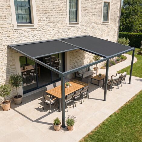 Pergola toile QUARTZ (Motorisation à télécommande + Manœuvre de secours - Gris anthracite RAL 7016 - Gris foncé 250g/m²)
