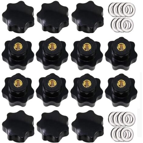Perillas de sujeción con rosca moleteada M8 (14 unidades), mango en forma de estrella, perillas manuales de plástico negro con arandelas.