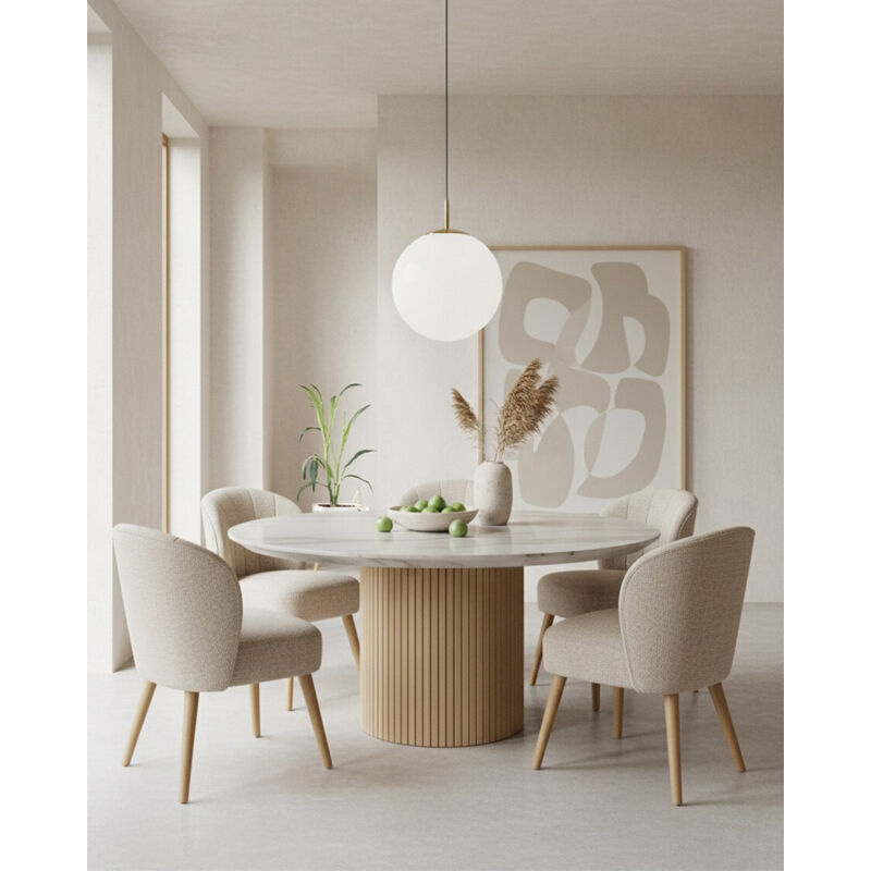 Perla - Chaise de repas en tissu beige au design incurvé