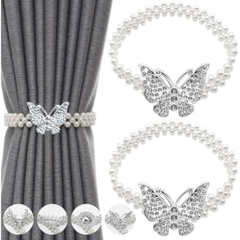 (Perle Papillon Argenté)Embrasse pour Rideaux,Lot de 2 Attache Rideau en Réglables avec Fil à Ressort,Attaches Rideaux avec Butterfly et Perles,Pas