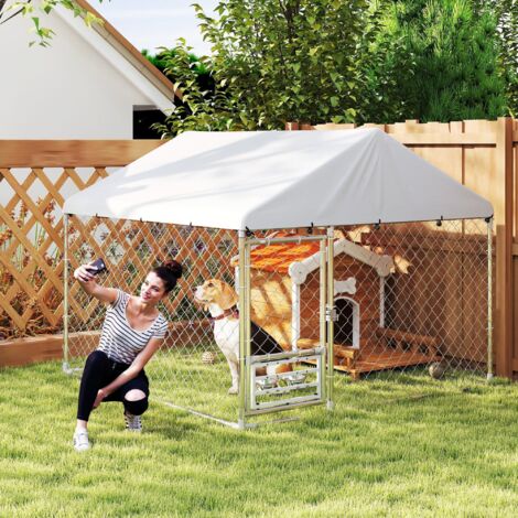 Perrera de Acero Galvanizado con Toldo Resistente y Estación de Alimentación para Perros 200x200x154 cm Plata