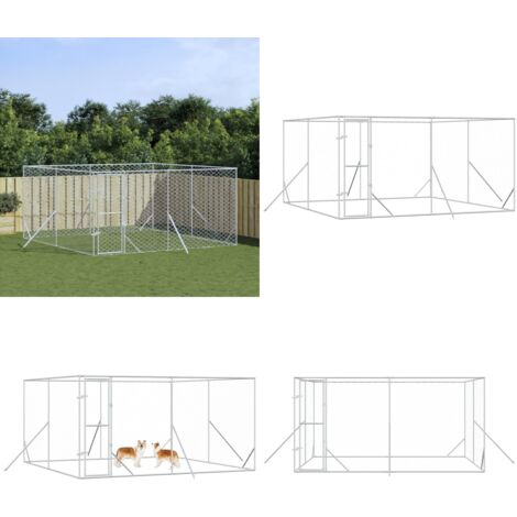 Perrera de exterior acero galvanizado plateado 4x4x2 m - Perrera exterior - Jaula de acero galvanizado