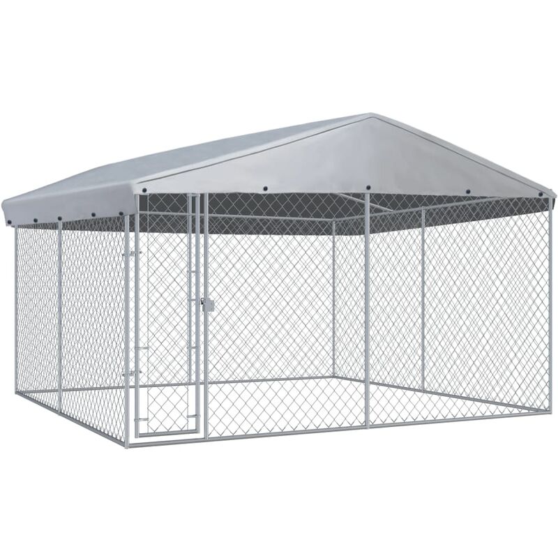 

Perrera de exterior con techo 382x382x225 cm - Plateado