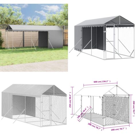 Perrera de exterior con toldo acero galvanizado plata 2x6x2,5 m - Perrera exterior - Toldo para perros