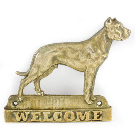 Perro argentino, Dogo Argentino - un cartel para puerta con un perro, una placa de bienvenida de latón, un cartel único con la inscripción Welcome de Art-Dog
