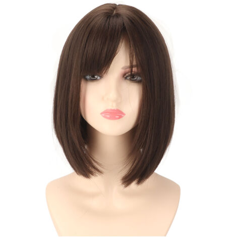 Perruque bob brunette ajustable pour femme, frange courte et look naturel