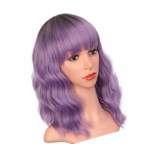 Perruque courte bouclée synthétique pour femme, violette avec frange, douce et légère