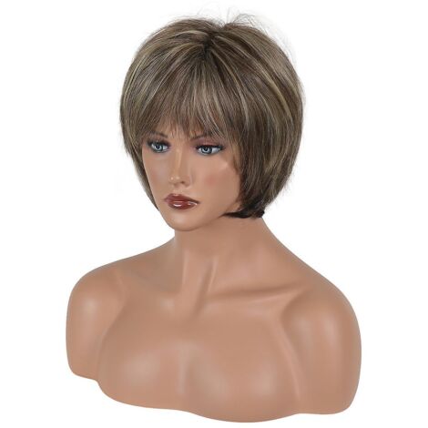 perruque Courte Dgrade Dore Avec Frange Brun Fonc Mlange  Du Blond, Coupe Pixie Perruque Femme En Fibre Synthtique